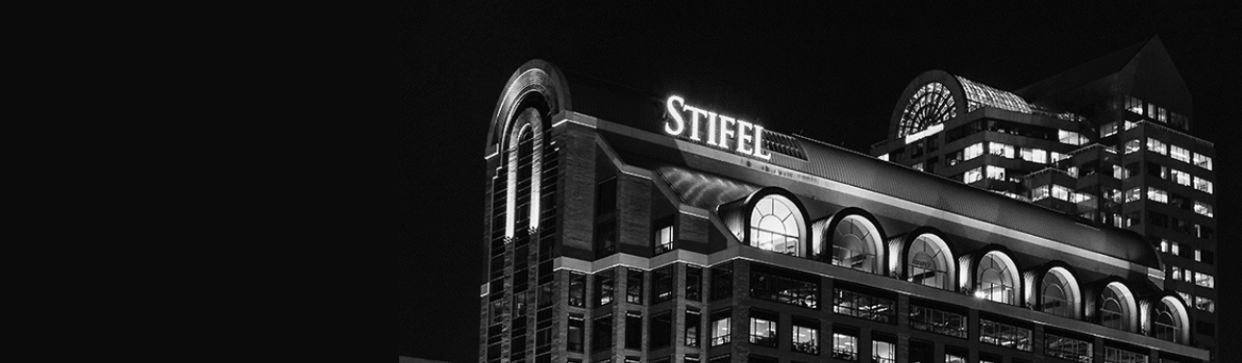 Black and white image of Stifel's headquarters in St. Louis, Missouri